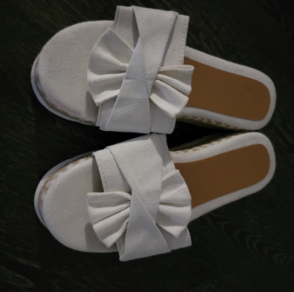 White faux suede slide on sandals